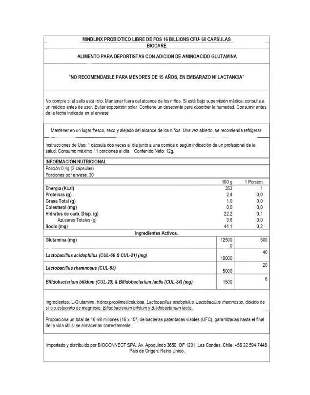 Mindlinx Probiotico con Glutamina Libre de Fos - BIOCARE